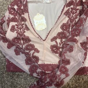 Altar'd State Burgundy and Cream Sheer Blouse
